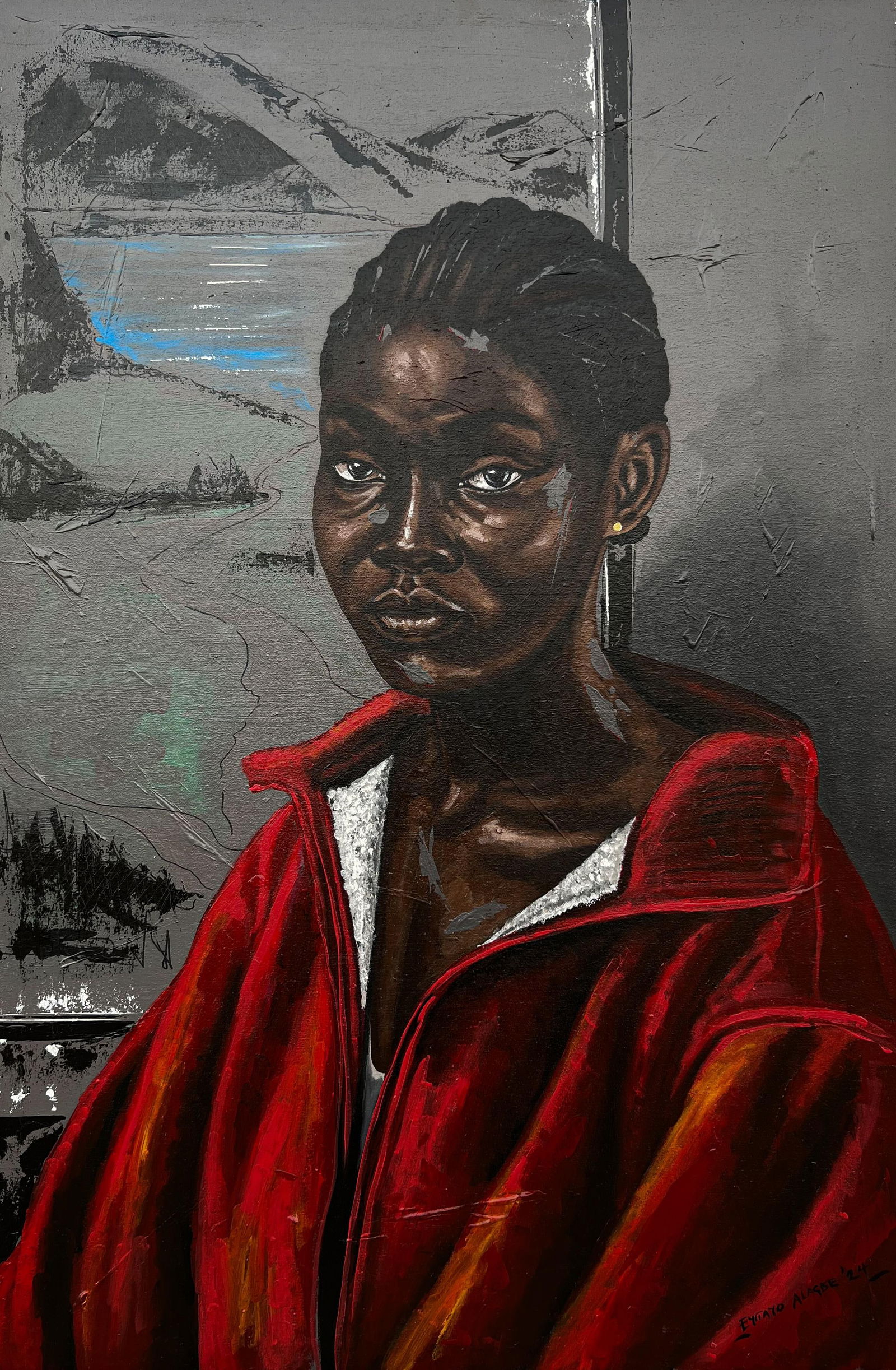 Eyitayo Alagbe , Portrait of Adesuwa - 21st Century, Contemporary, Figurative Portrait, Women, 2024: Creator: Eyitayo Alagbe (1997, Nigerian) Creation Year: 2024 Dimensions: Height: 36 in (91.44 cm)Width: 24 in (60.96 cm)Depth: 1 in (2.54 cm) Medium: Canvas,Ink,Mixed Media,Acrylic Movement &