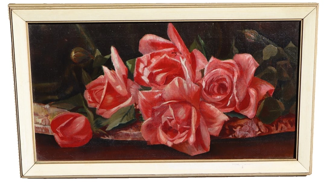 Turn of the Century Victorian Roses oil painting AS IS: Title:Turn of the Century Victorian Roses oil painting AS ISDescription:Turn of the Century Victorian Roses oil painting. AS IS. 9" x 16" oil on canvas (framed size: 10-1/2" x 17-1/2") unsigned. As