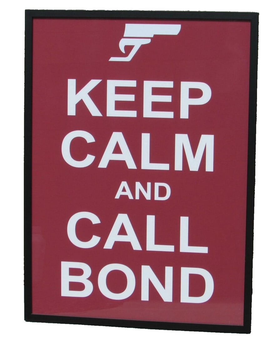 JAMES BOND POSTER Keep Calm and Call Bond Red Background Framed: Title:JAMES BOND POSTER Keep Calm and Call Bond Red Background FramedDescription:JAMES BOND. In honor of Skyfall. KEEP CALM AND CALL BOND Poster with Red Background and white writing including a