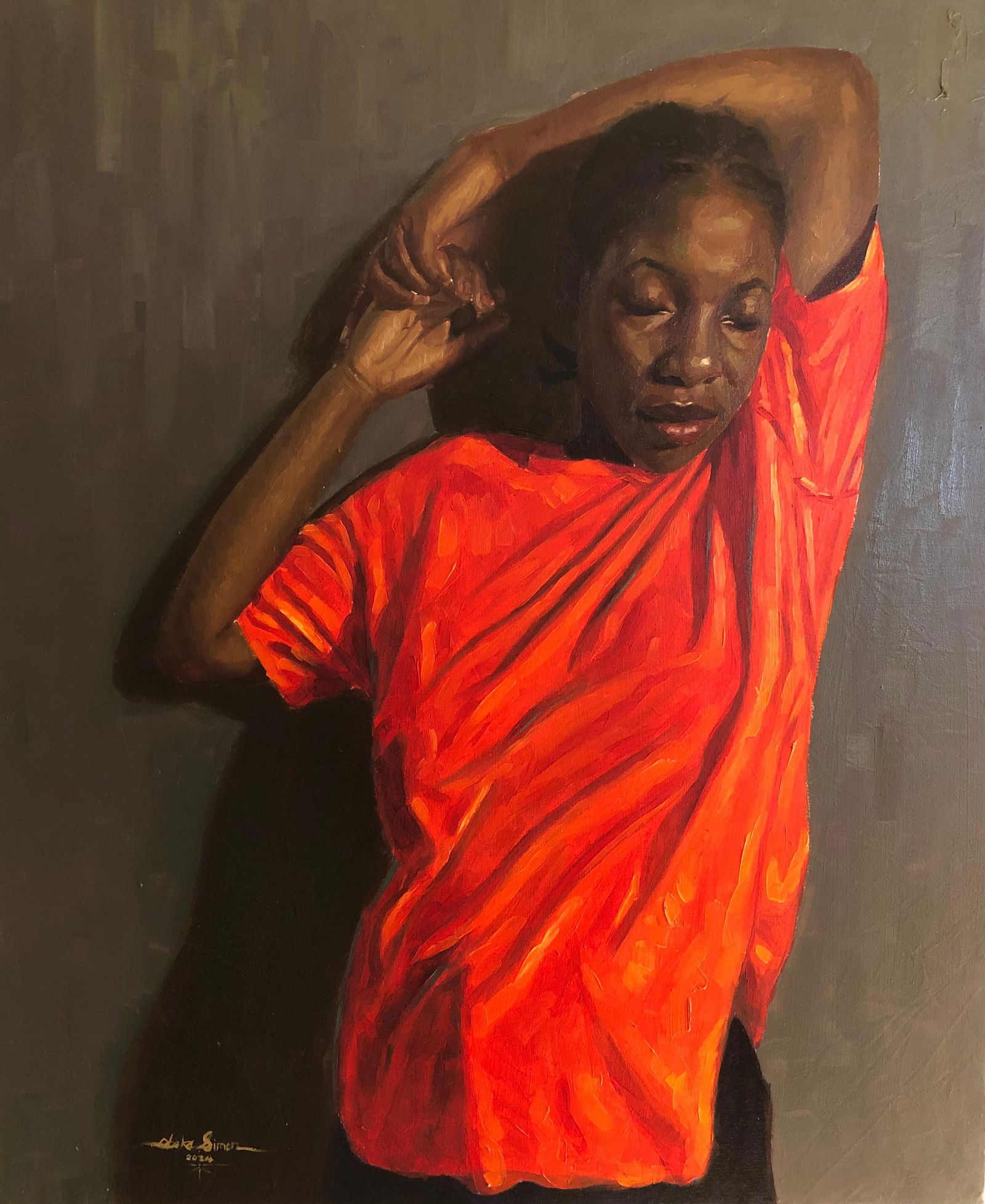Simon Obeka, Away From The Noise - 21st Century, Contemporary, Figurative, Women, Orange, Oil, 2024 - 4