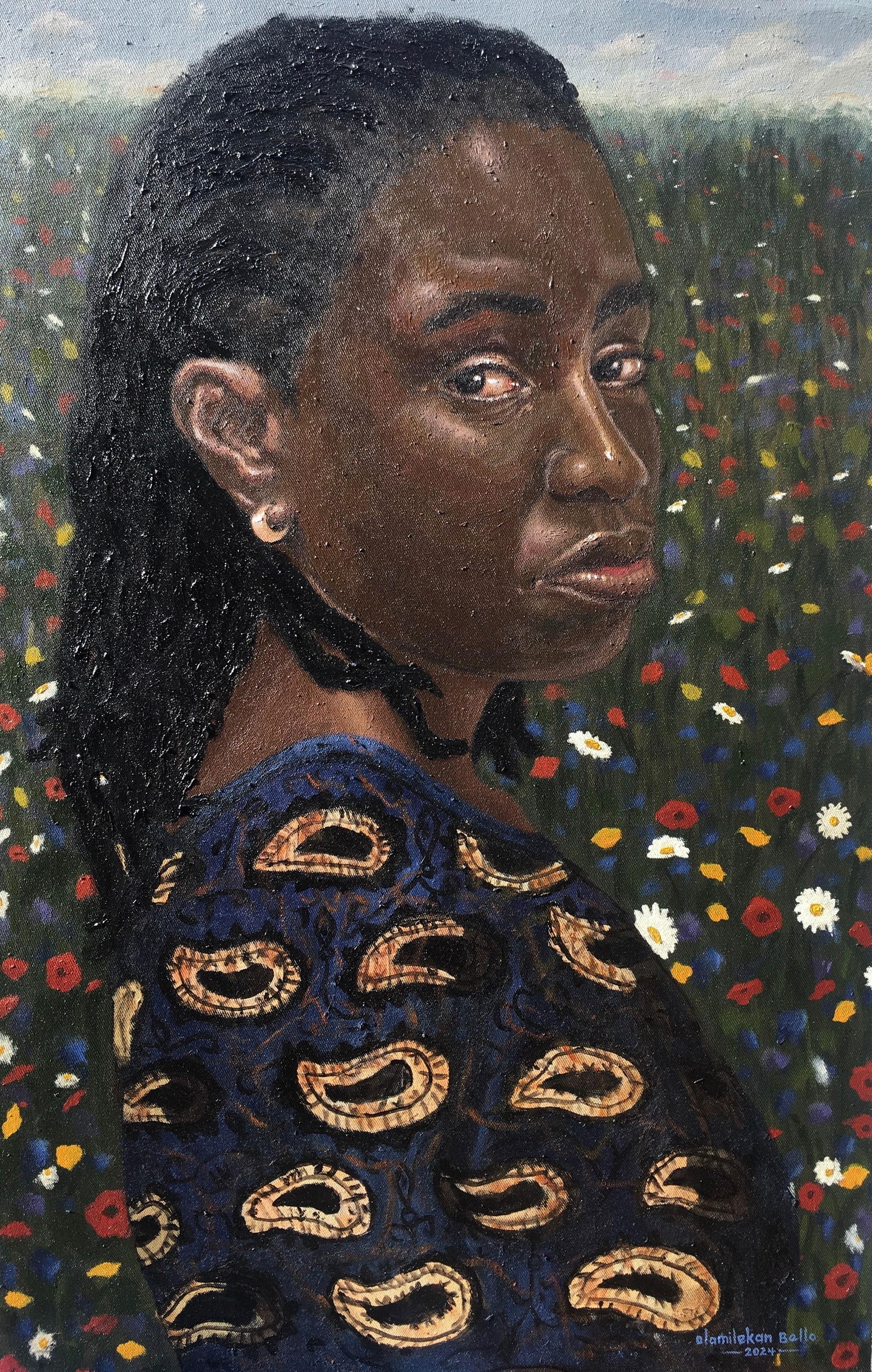 Olamilekan Bello, Mature Lady - 21st Century, Contemporary, Figurative Portrait, Women, Nature, 2024: Creator: Olamilekan Bello (1990, Nigerian) Creation Year: 2024 Dimensions: Height: 31.5 in (80.01 cm)Width: 20 in (50.8 cm)Depth: 1 in (2.54 cm) Medium: Canvas,Acrylic Movement & Style: 