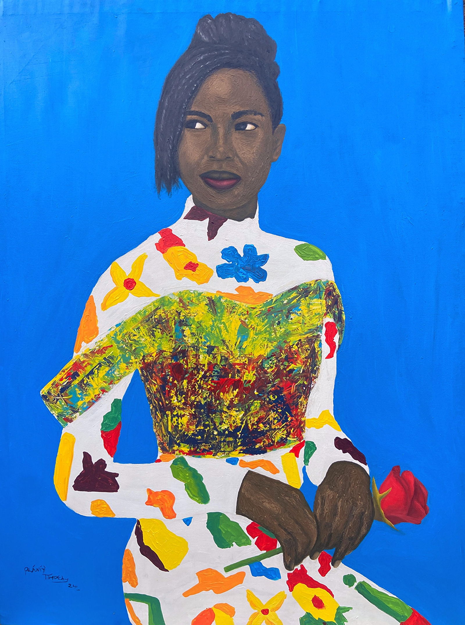 Olaniyi Timothy, She Deserve the Flower - 21st Century Contemporary, Figurative Portrait, Floral,: Creator: Olaniyi Timothy (2003, Nigerian) Creation Year: 2024 Dimensions: Height: 48 in (121.92 cm)Width: 36 in (91.44 cm)Depth: 1 in (2.54 cm) Medium: Canvas,Acrylic Movement & Style: 