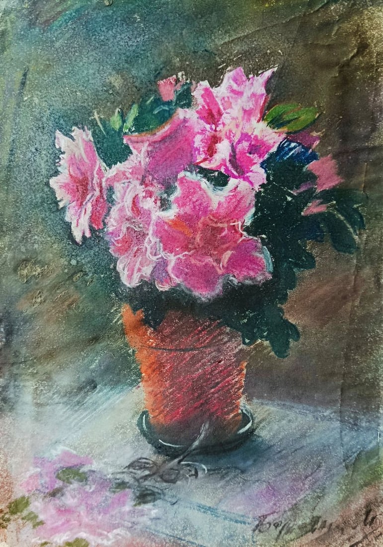 Pastel painting Pink flowers in a pot Mikhailo Baroyants (1 of 10)