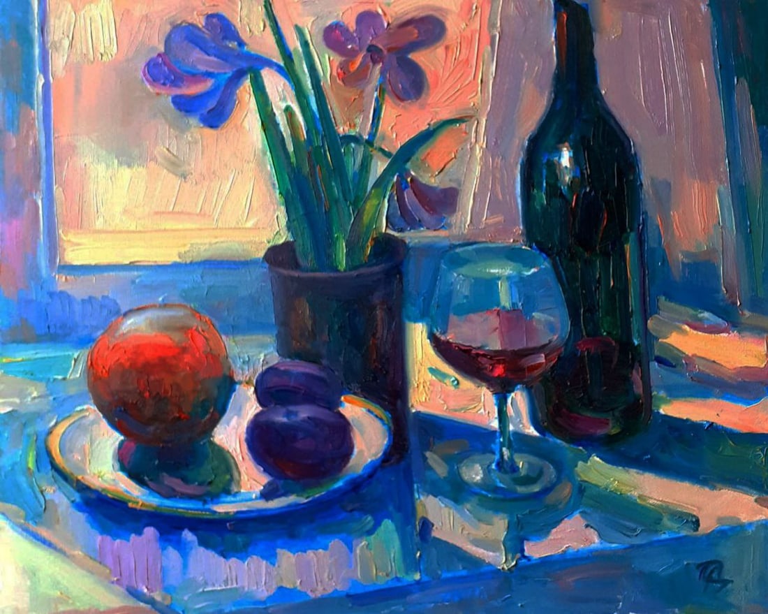 Oil painting Flowers and wine by the window Pavel Dobrev: Title: Oil painting Flowers and wine by the window Pavel Dobrev Description: No.Dobr 891The Oil painting on Canvas titled “Flowers and wine by the window” unfolds a poetic still life that