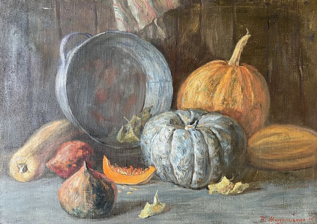 Oil painting In the pantry V. Mishurovsky: Title: Oil painting In the pantry V. Mishurovsky Description: No.172"In the Pantry" by Viktor Myshurovsky is a masterful still life that captures the rustic charm and simplicity of a traditional