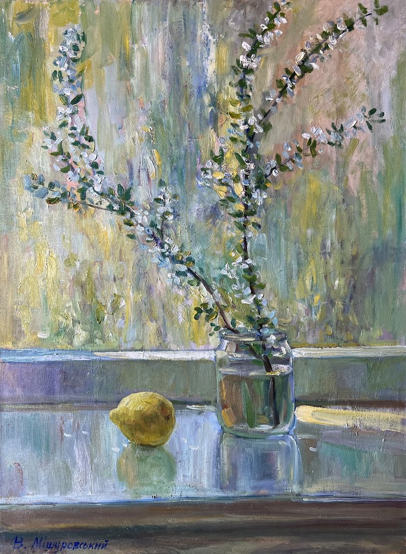 Oil painting Spring flowers V. Mishurovsky: Title: Oil painting Spring flowers V. Mishurovsky Description: No.176"Spring Flowers" by Viktor Myshurovsky is a delicate and serene still life that captures the essence of spring. The painting