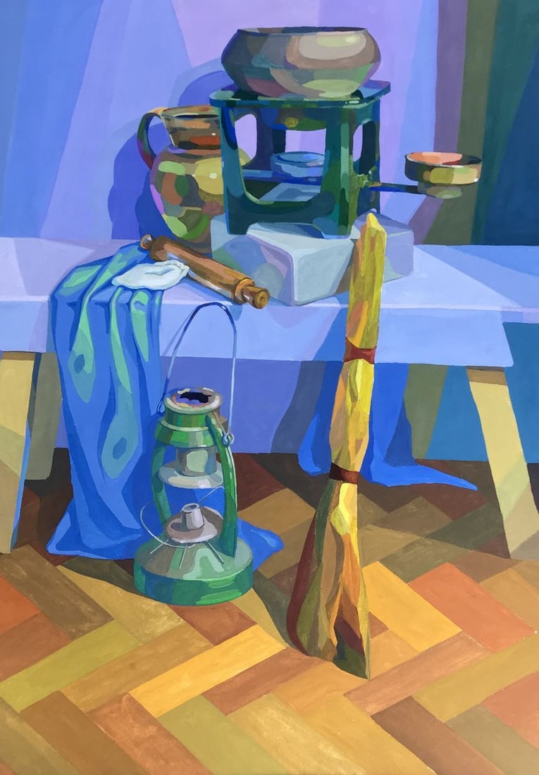 Acrylic painting In the room Yekaterina Dzyuba: Title: Acrylic painting In the room Yekaterina Dzyuba Description: No.AAA2743 In this acrylic painting, the focus is on a still life arrangement featuring kitchen tools and jugs placed on a table.