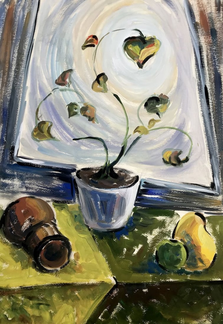 Gouache painting A houseplant Unknown artist: Title: Gouache painting A houseplant Unknown artist Description: No.AAA2744 The painting in gouache depicts a tranquil still life scene, featuring a green indoor flower in a pristine white vase, set u