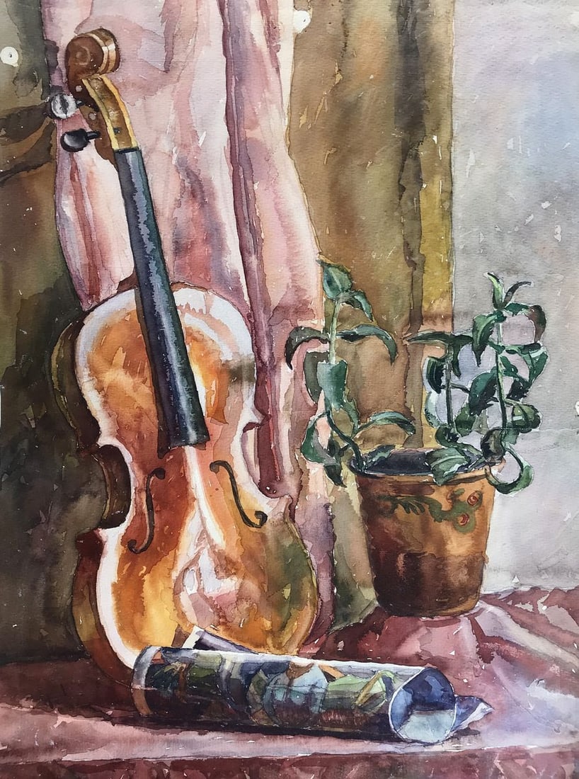 Watercolor painting Musical violin Unknown artist: Title: Watercolor painting Musical violin Unknown artist Description: No.AAA2747 The watercolor painting depicts a charming still life scene with a rich, brown violin resting on a wooden table. The vi