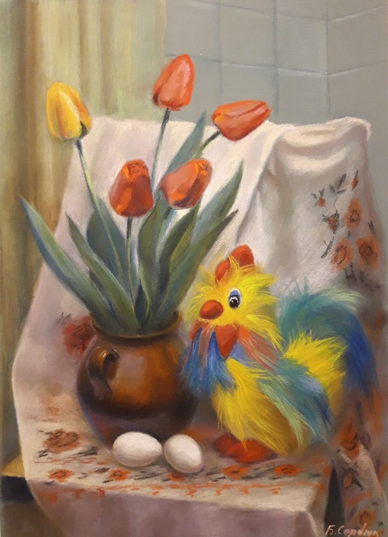Pastel painting Still Life with Rooster and Tulips Serdyuk Boris Petrovich: Title: Pastel painting Still Life with Rooster and Tulips Serdyuk Boris Petrovich Description: No.SERB 83 * TITLE: "Still Life with Rooster and Tulips" * ARTISTS: Serdyuk Boris Petrovich * SIZE: 50x70
