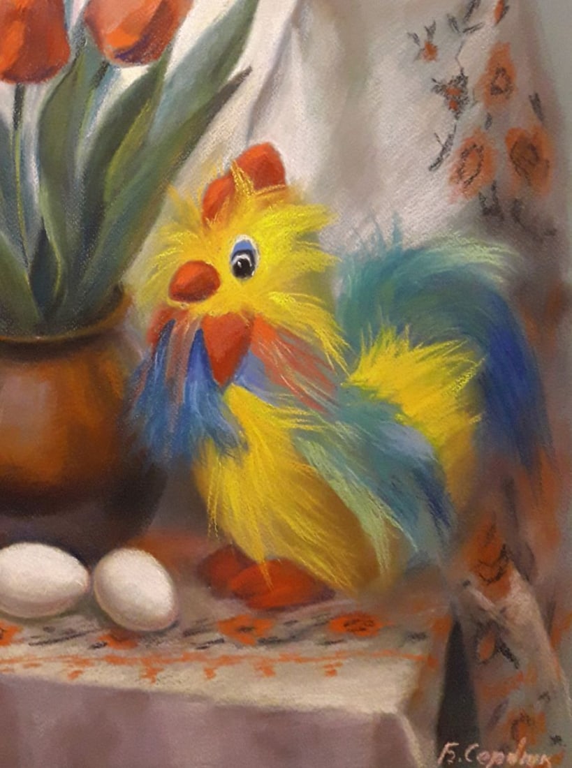 Pastel painting Still Life with Rooster and Tulips Serdyuk Boris Petrovich - 5