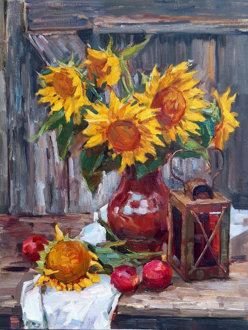 Oli painting Sunflowers and lantern Tepeta Miacheslav: Title: Oli painting Sunflowers and lantern Tepeta Miacheslav Description: No.Tep 103 *** ABOUT THIS PAINTING *** * TITLE: "Sunflowers and lantern" * ARTISTS: Tepeta Miacheslav * SIZE: 55?44 cm/'21.65x