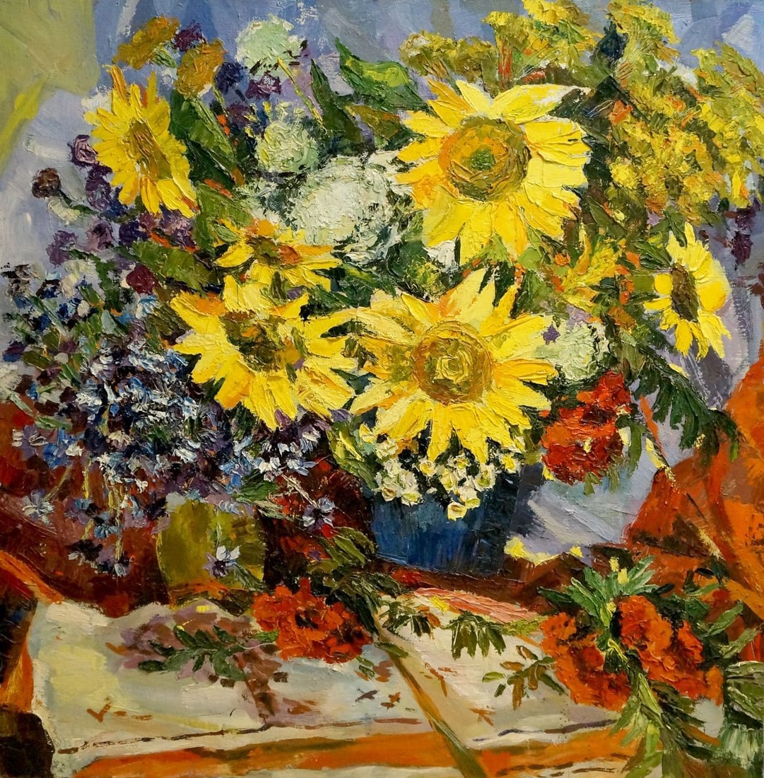 Oil painting Sunflowers Kolomoitsev Petr Mikhailovich: Title: Oil painting Sunflowers Kolomoitsev Petr Mikhailovich Description: No.Vern 705 *** ABOUT THIS PAINTING *** * TITLE: "Sunflowers" * ARTISTS: Kolomoitsev Petr Mikhailovich * SIZE: 80x80 cm/'31.49