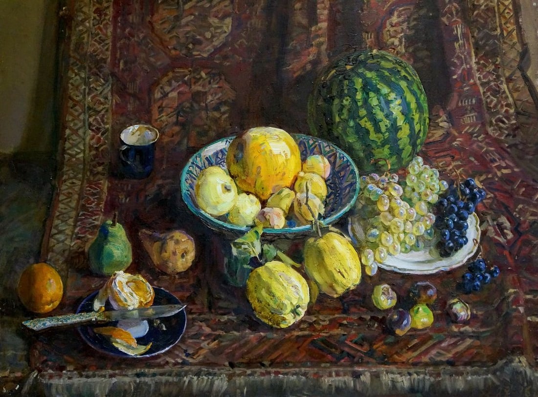 Oil painting Fruits Zhuravlev Viktor Nikiforovich: Title: Oil painting Fruits Zhuravlev Viktor Nikiforovich Description: No.Vern 713 *** ABOUT THIS PAINTING *** * TITLE: "Fruits" * ARTISTS: Zhuravlev Viktor Nikiforovich * SIZE: 61x81 cm/'24.01x31.88 i