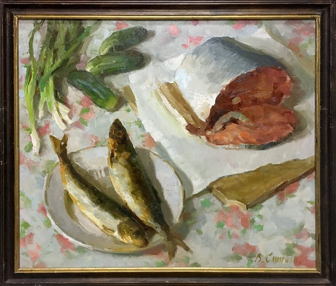 Oil painting Still life with salmon Smirnov Valentin Sergeevich: Title: Oil painting Still life with salmon Smirnov Valentin Sergeevich Description: No.Vern 845 *** ABOUT THIS PAINTING *** * TITLE: "Still life with salmon" * ARTISTS: Smirnov Valentin Sergeevich * S