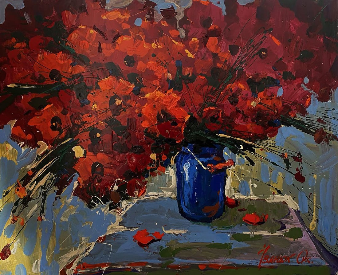 Oil painting Poppies are red Oksana Ivanyuk: Title: Oil painting Poppies are red Oksana Ivanyuk Description: No.Kalen 1622The oil painting on Canvas titled "Poppies are Red" radiates with a bold, emotive intensity that instantly captures the vie