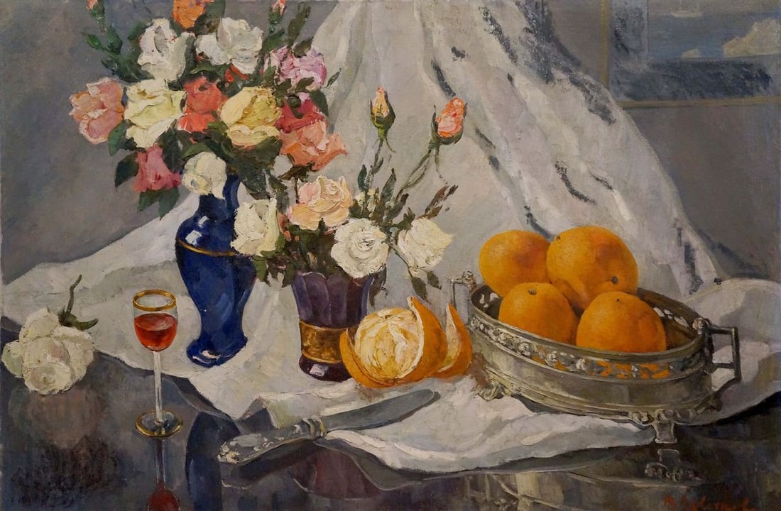 Oil painting Roses and oranges Tsvetkova V. P.: Title: Oil painting Roses and oranges Tsvetkova V. P. Description: No.Verne 278 *** ABOUT THIS PAINTING *** * TITLE: "Roses and oranges" * ARTISTS: Tsvetkova V. P. * SIZE: 79x120 cm/'31.10x47,24 inche