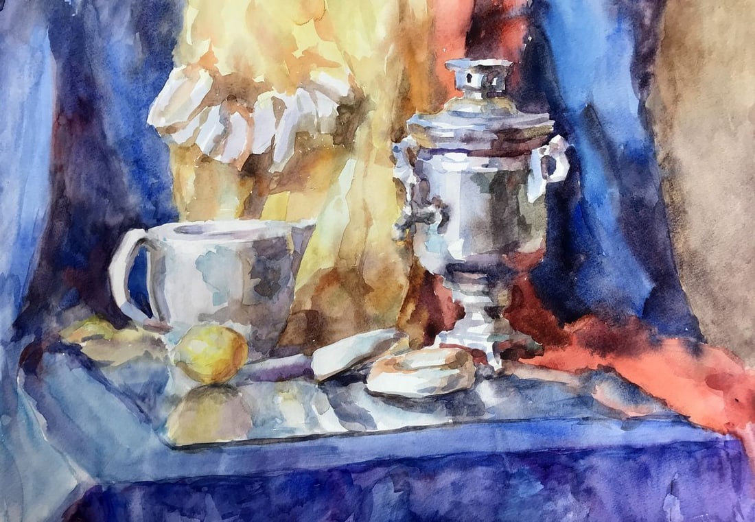 Watercolor painting Tea Parties Unknown artist: Title: Watercolor painting Tea Parties Unknown artist Description: No.AAA2765The watercolor painting depicts a beautiful still life composition on a table. At the center of the painting is a vintage
