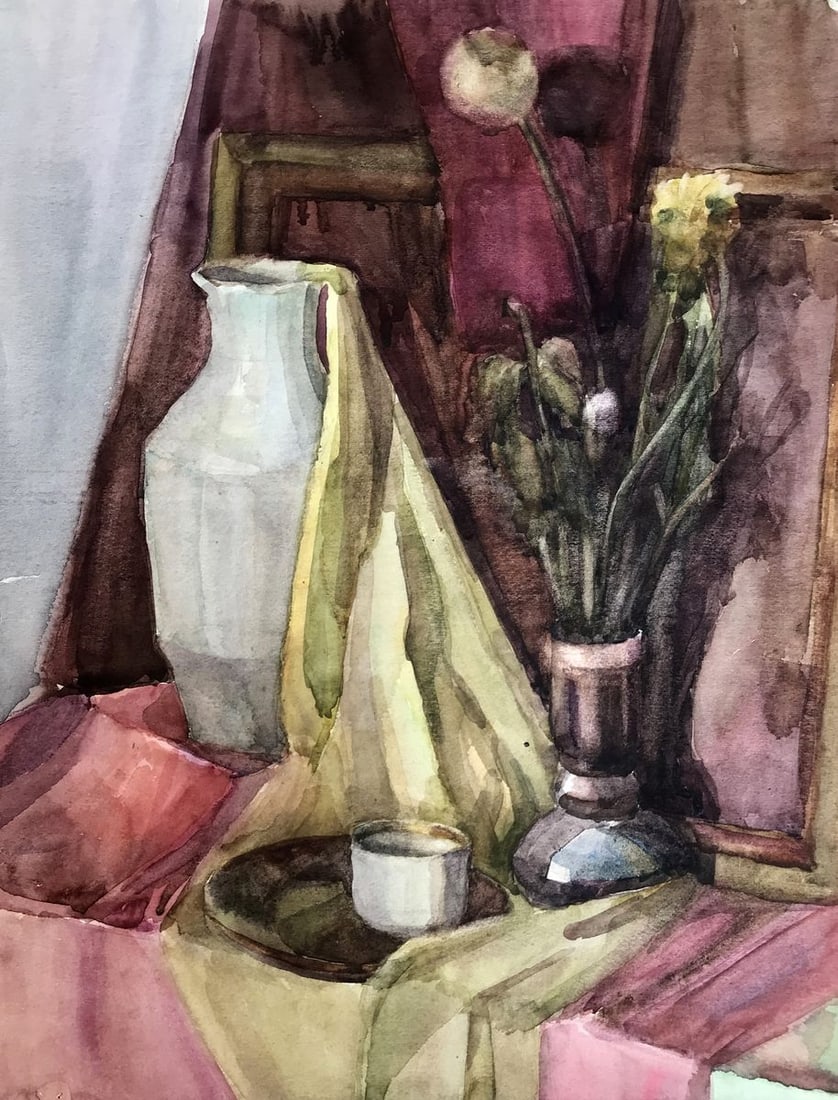 Watercolor painting Flowers and a teapot Unknown artist (1 of 11)