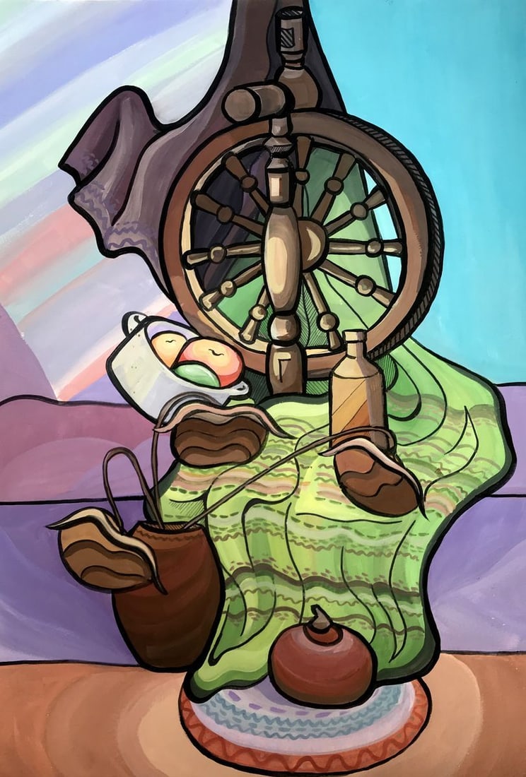 Acrylic painting Room interior Unknown artist: Title: Acrylic painting Room interior Unknown artist Description: No.AAA2772In this acrylic painting, we see a captivating still life composition that features various objects arranged in an