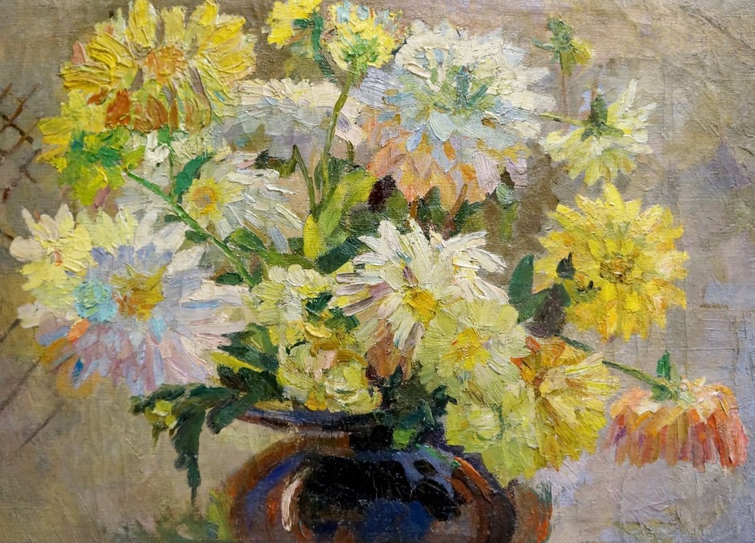 Oil painting Daisies: Title: Oil painting Daisies Description: No.Vern 1122 *** ABOUT THIS PAINTING *** * TITLE: "Daisies" * ARTISTS: Unknown artist * SIZE: 43x60 cm/'16.92x23.62 inches' * MEDIUM: oil, canvas * HAND PAINTE