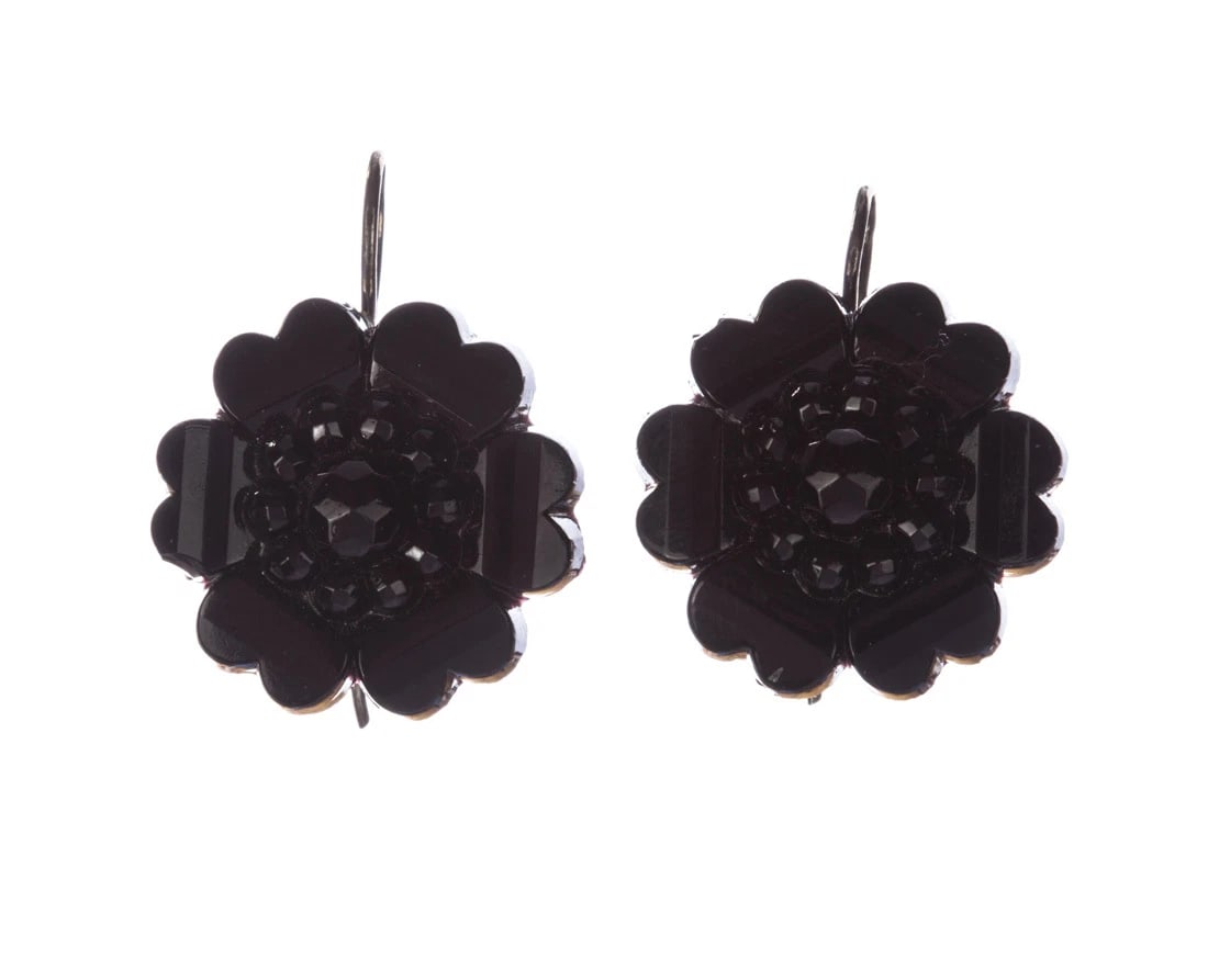 Victorian Jet Flower Dangle Earrings Sterling Silver Posts Alberto Juan - 2