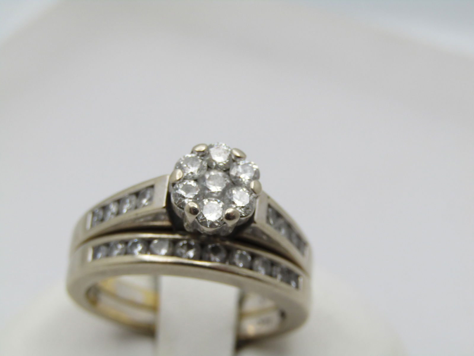 Vintage 14kt Diamond Blossom Engagement Ring and Wedding Band Set, Signed IKS, Sz. 7.: Title:Vintage 14kt Diamond Blossom Engagement Ring and Wedding Band Set, Signed IKS, Sz. 7. Description:Vintage 14kt Diamond Blossom Engagement Ring and Wedding Band Set, Signed IKS, Sz. 7. 26 total