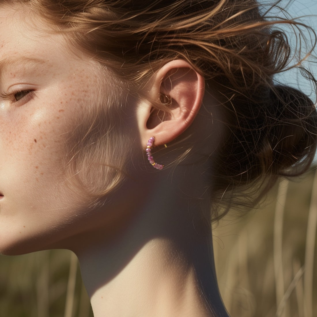 Pink Tourmaline Half Moon Earring 14K Gold Hoop - 8