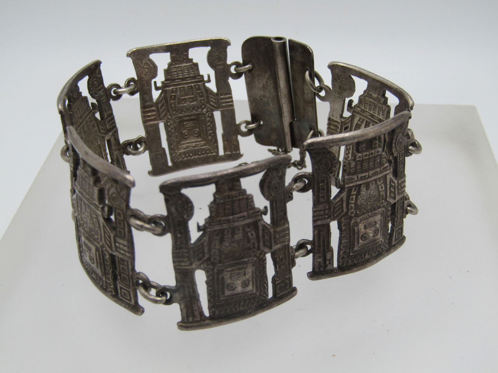 Vintage Silver Inca God Tile Bracelet, Slide Clasp. 7.5", Unisex, Pre Mid-Century - 3