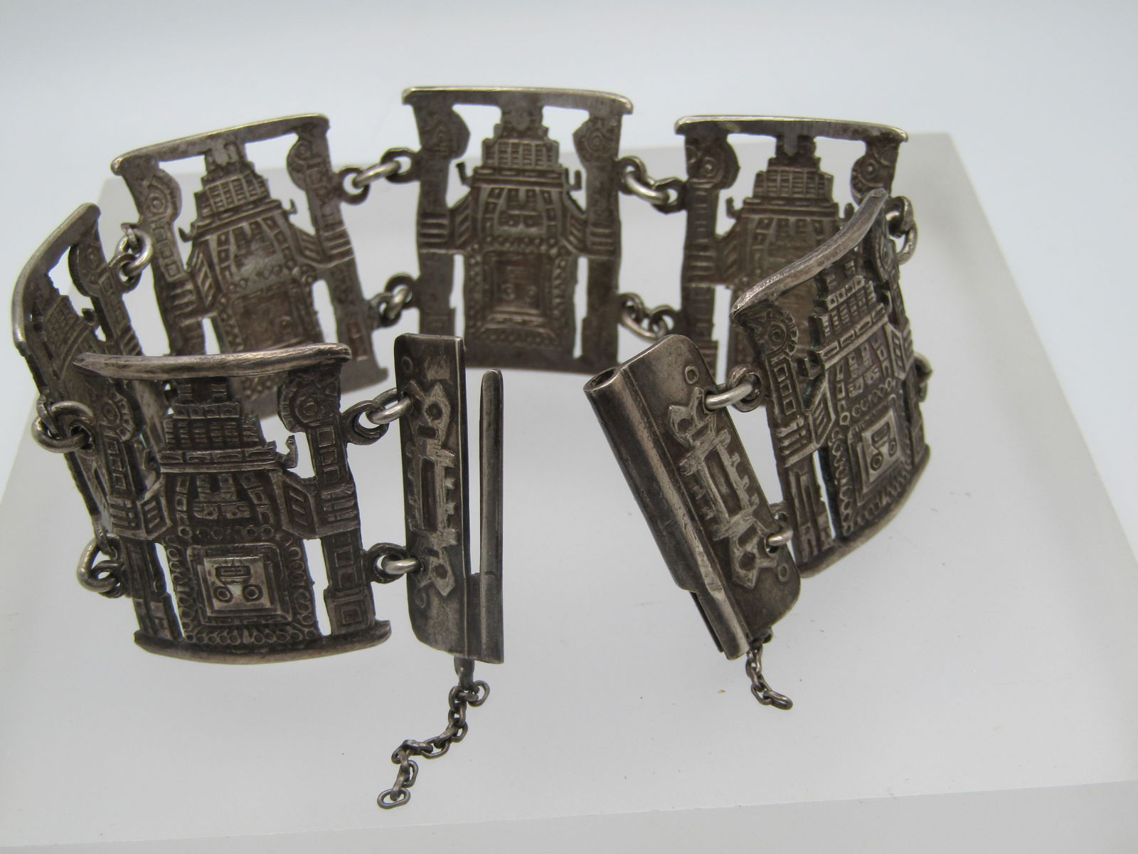 Vintage Silver Inca God Tile Bracelet, Slide Clasp. 7.5", Unisex, Pre Mid-Century - 4