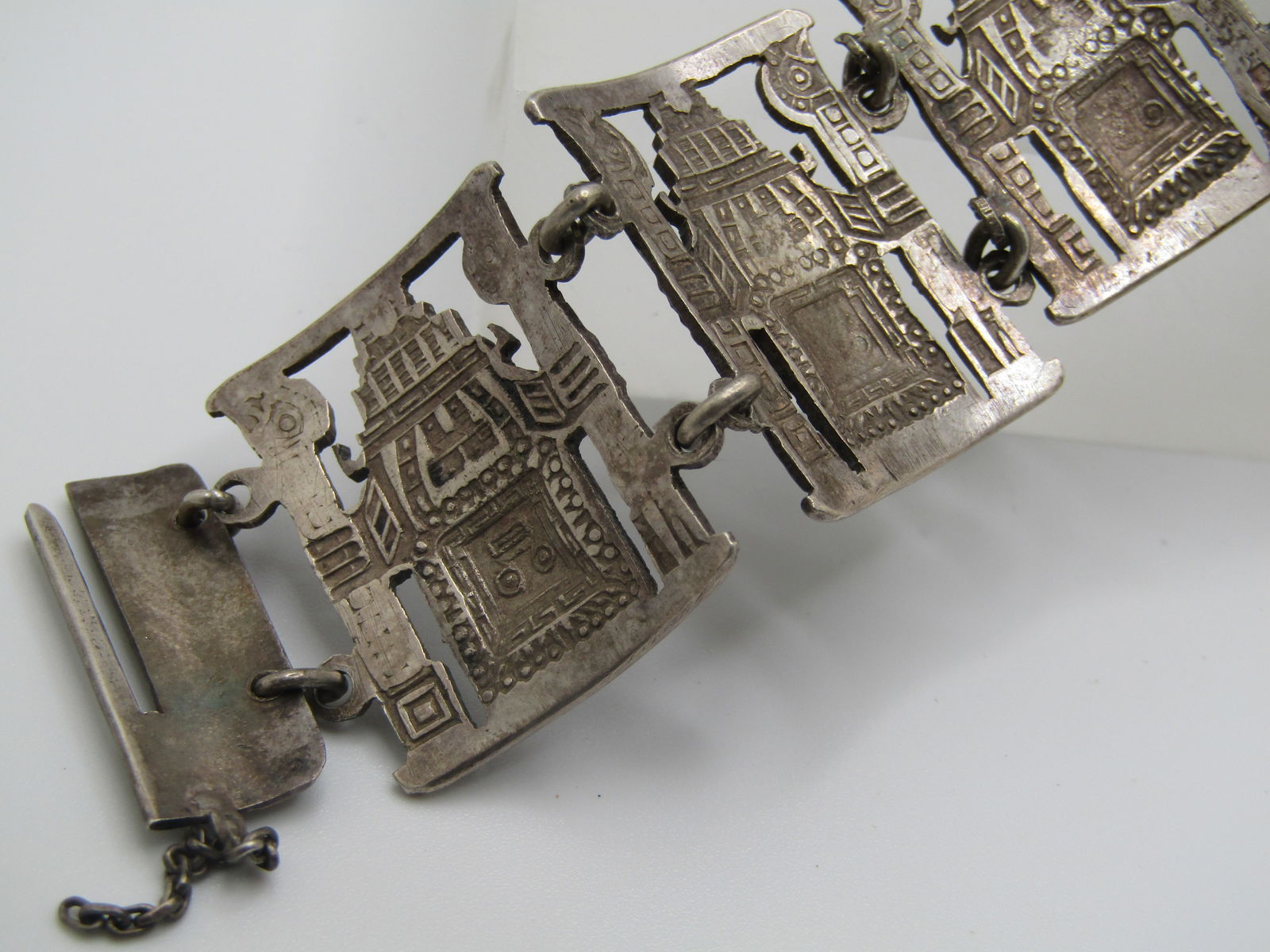 Vintage Silver Inca God Tile Bracelet, Slide Clasp. 7.5", Unisex, Pre Mid-Century - 5