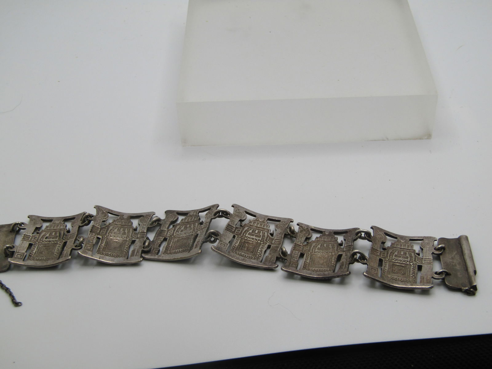 Vintage Silver Inca God Tile Bracelet, Slide Clasp. 7.5", Unisex, Pre Mid-Century - 6