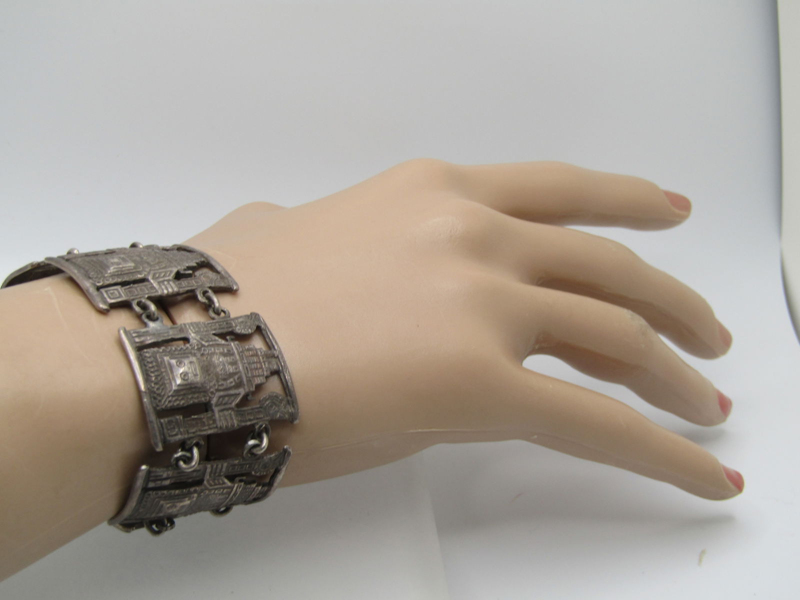 Vintage Silver Inca God Tile Bracelet, Slide Clasp. 7.5", Unisex, Pre Mid-Century - 7
