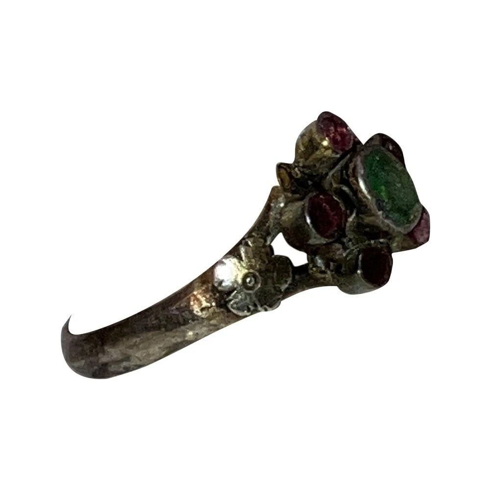 Antique Georgian Giardinetti Ring Sterling with Gold Gilt Rubies and Emerald - 3