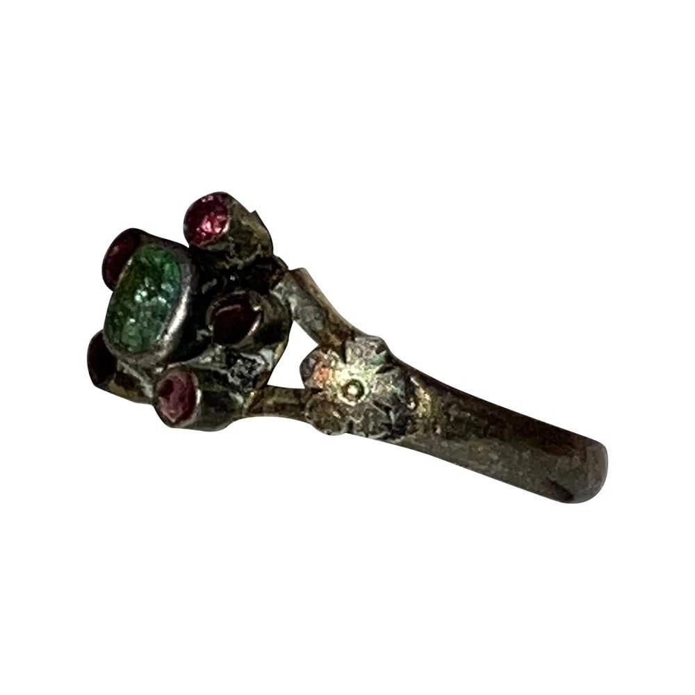 Antique Georgian Giardinetti Ring Sterling with Gold Gilt Rubies and Emerald - 4