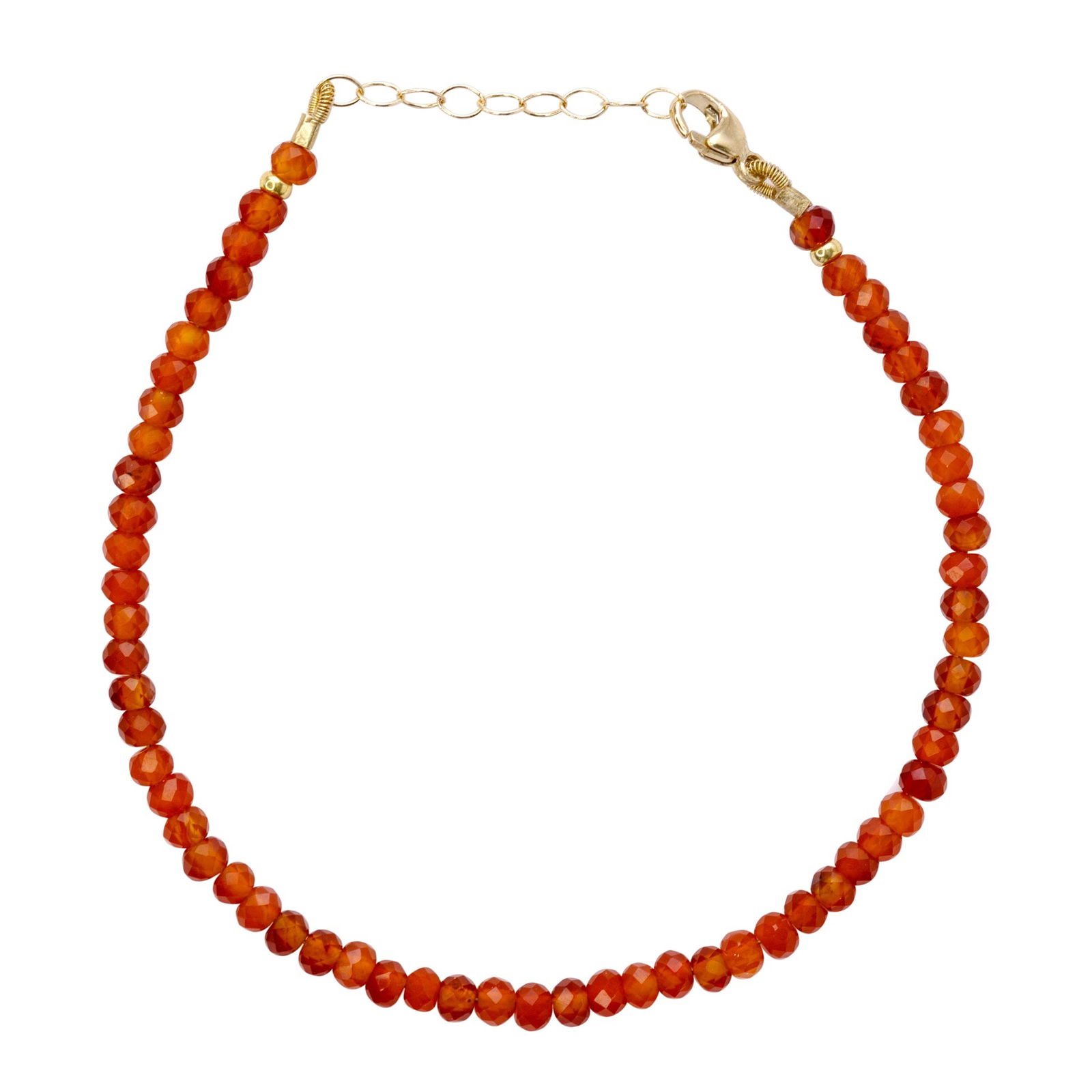 Orange Agate Bracelet 14K Gold: Title:Orange Agate Bracelet 14K GoldDescription:Feel the warmth of perpetual sunset against your skin with this radiant Orange Agate bracelet, each faceted stone capturing the fiery spirit that burns