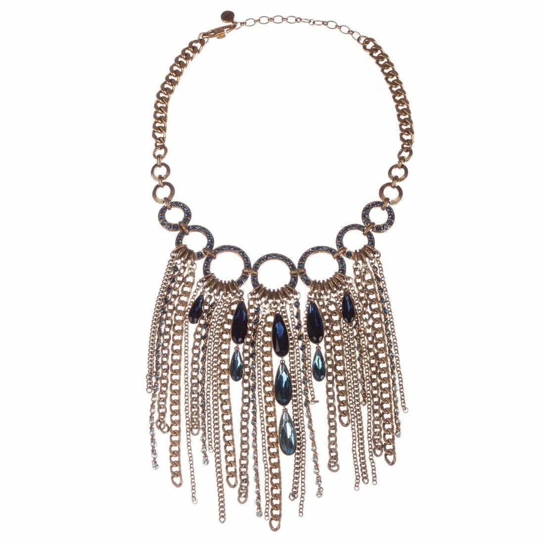Givenchy Fringe Bib Necklace: Title:Givenchy Fringe Bib NecklaceDescription:Blue Swarovski crystals and rhinestones with 18 kt gold plating setting in a matte finish. Circa, 1980’s, inspired from the 1960’s. Necklace