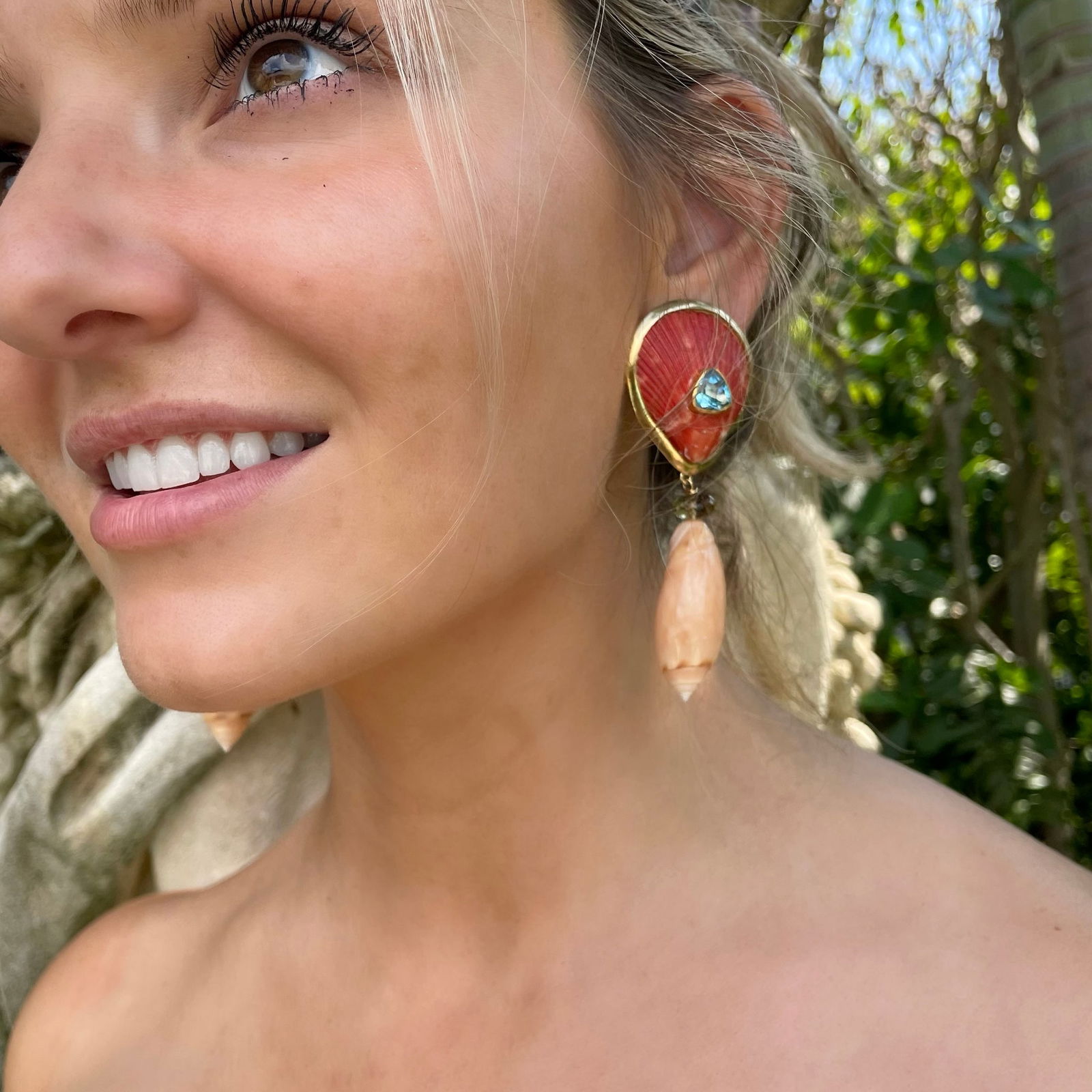 Scallop and Pink Olive Shell Earrings with Topaz and Citrine - 2