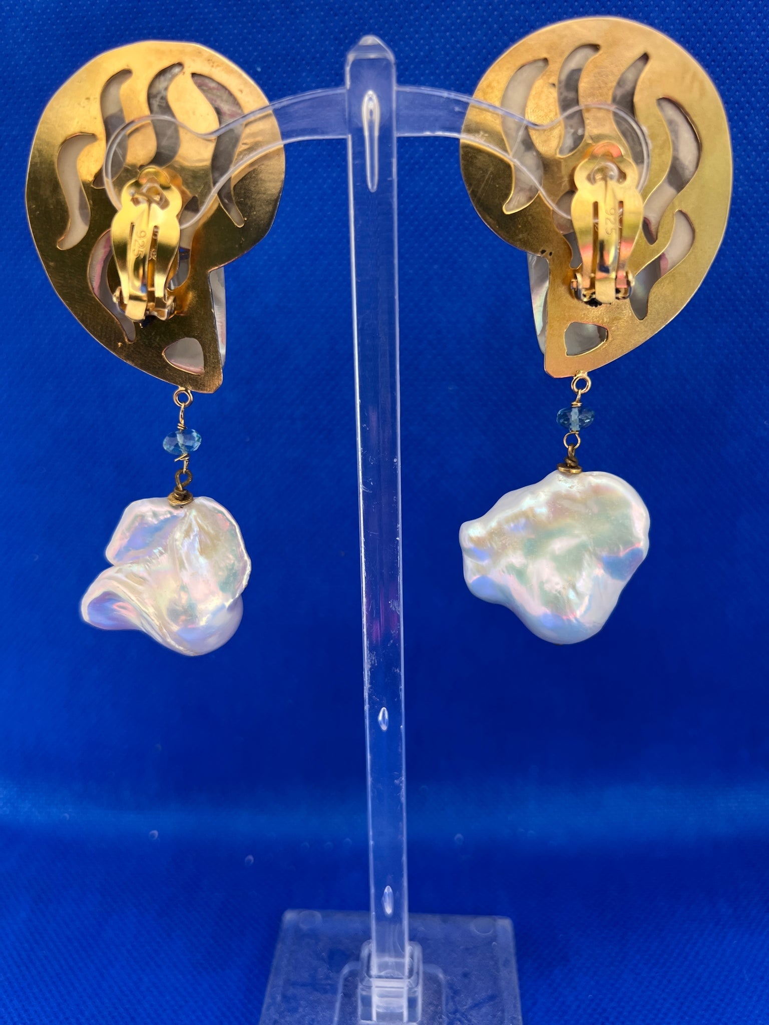 Showstopper Nautilus Heart , Blue Topaz and Baroque Pearl Earrings - 3