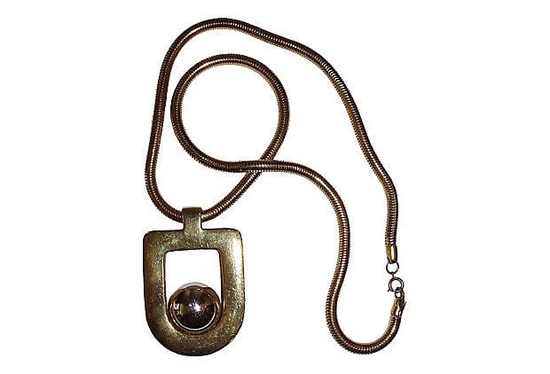 Lanvin Runway Retro Necklace: Title:Lanvin Runway Retro NecklaceDescription:1960s Runway Lanvin necklace, 18 kt gold plated with silver plated ball center. Snake chain necklace 6 mms diameter. Pendant is 3" long and 2" wide. 