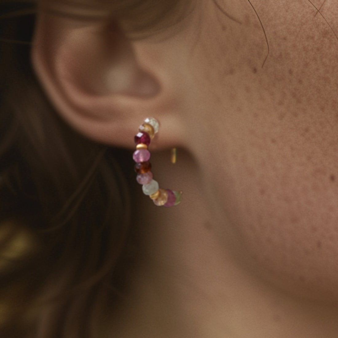 Rainbow Tourmaline Half Moon Earring 14K Gold Hoop - 9