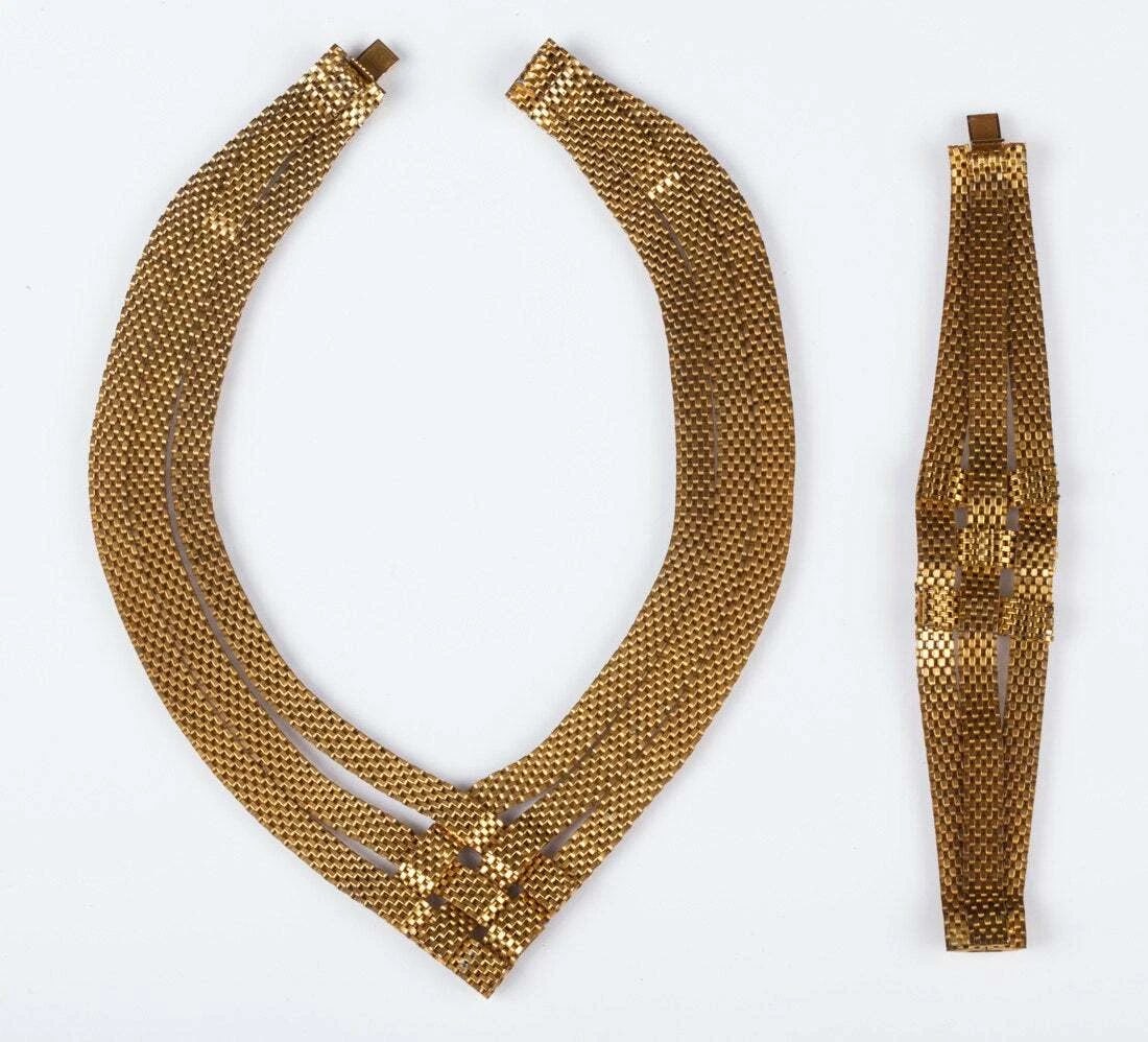Woven Brass Mesh Necklace and Bracelet Set: Title:Woven Brass Mesh Necklace and Bracelet SetDescription:Gorgeous woven mesh set made of brass.... Circa 1930's.... Necklace is over ¼”wide and 15” long.... Bracelet is