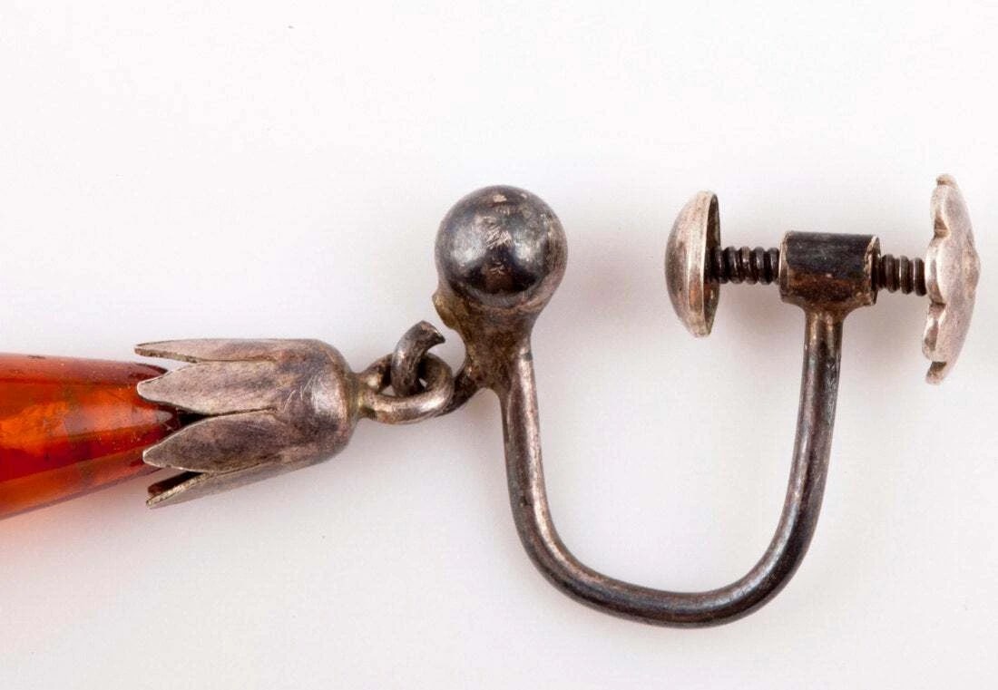 Sterling Silver Carved Amber Dangle Earrings - 4