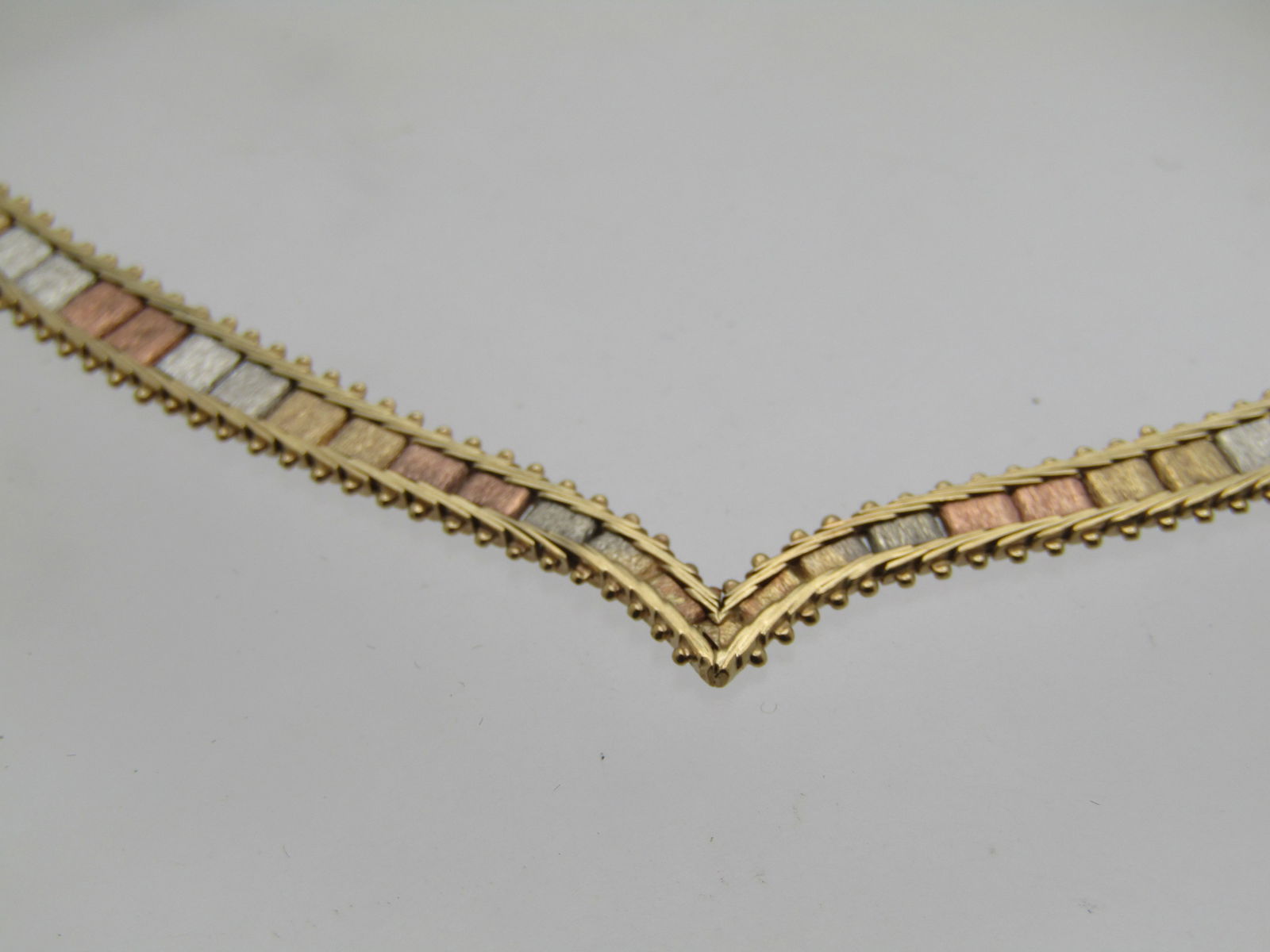 9kt Gold Tri-Color Pointed Inlaid Bracelet, Signed G*O 7", - 6