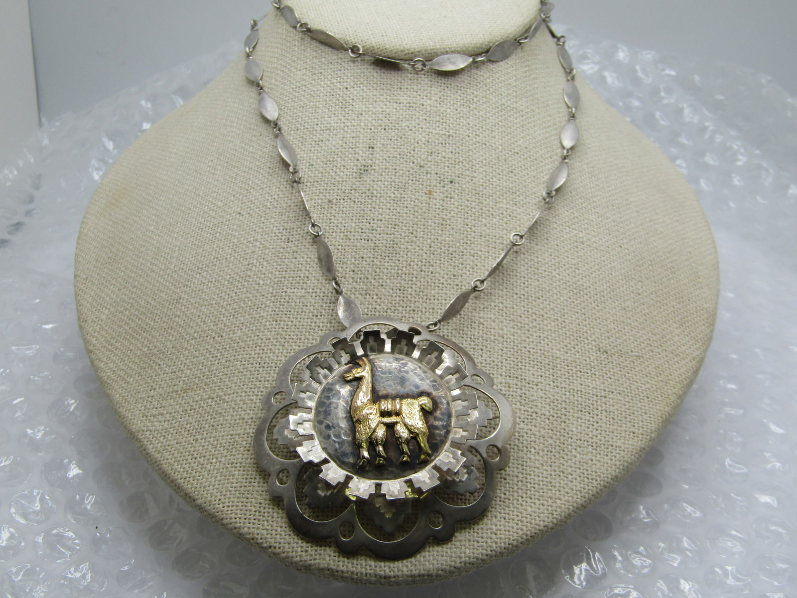 Vintage Sterling & 18kt Llama Filigree Necklace, Peru, 24" - 3