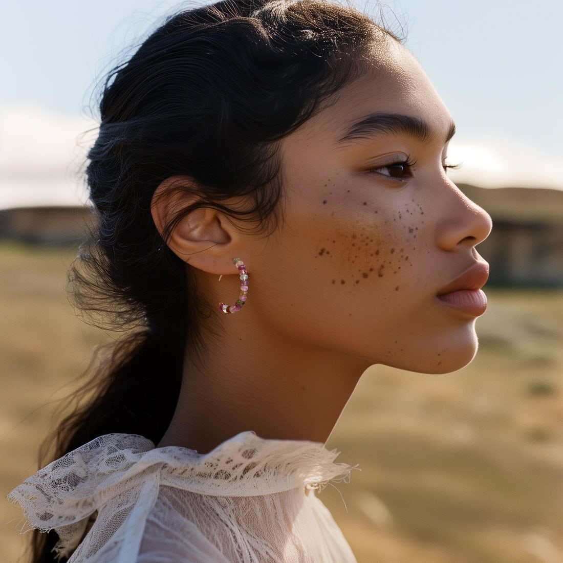 Rainbow Tourmaline Half Moon Earring Large 14K Gold Hoop - 2