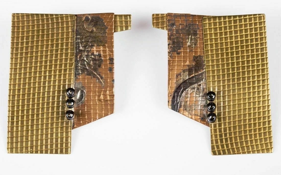 Abstract Brutalist Hand Made Brass Copper Hematite Ball Bead Earrings - 2