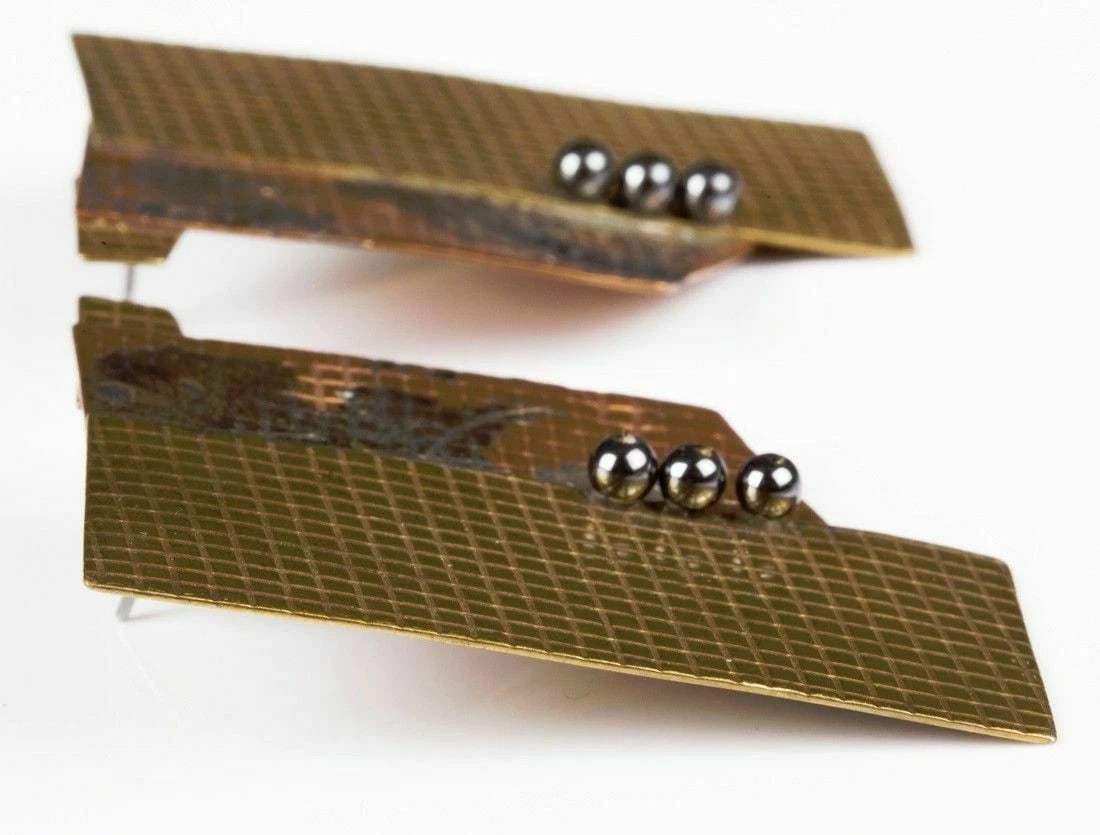 Abstract Brutalist Hand Made Brass Copper Hematite Ball Bead Earrings - 3