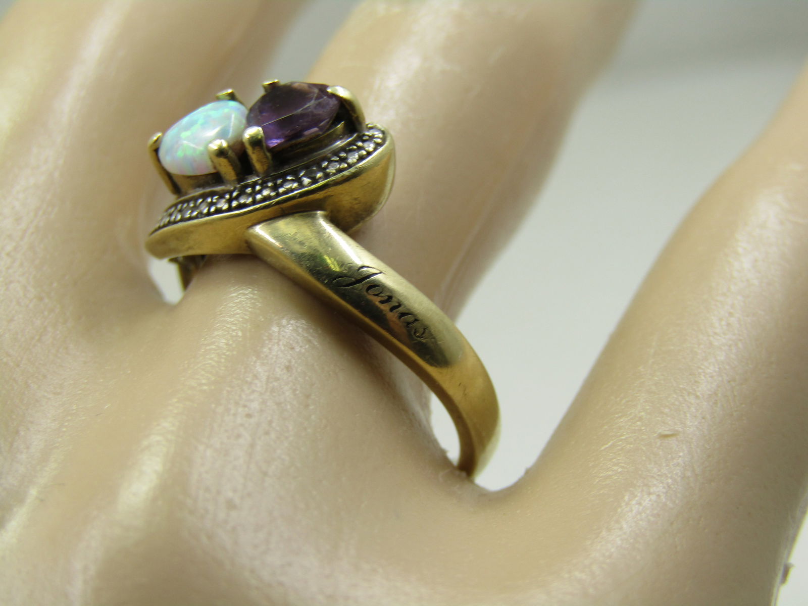 Vintage 10kt Heart Opal Amethyst Ring, Sz. 8.5, Signed TJ - 10