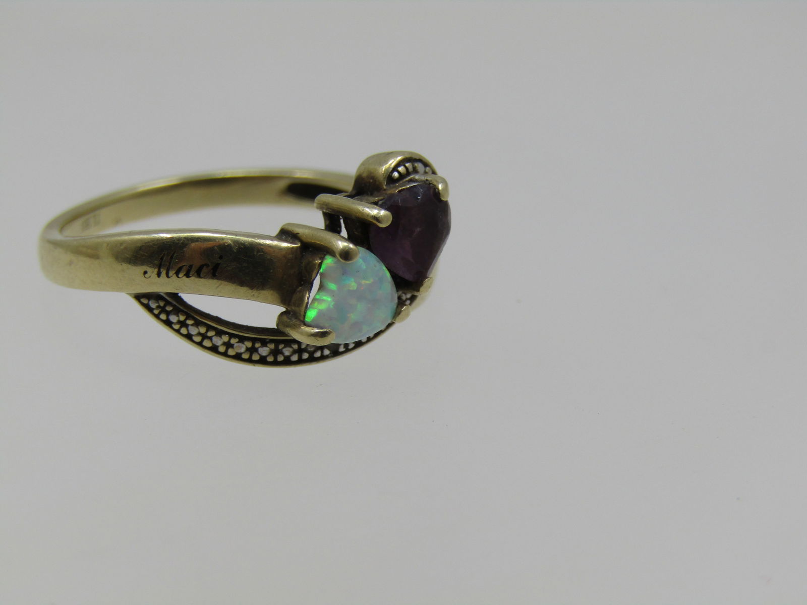 Vintage 10kt Heart Opal Amethyst Ring, Sz. 8.5, Signed TJ - 4